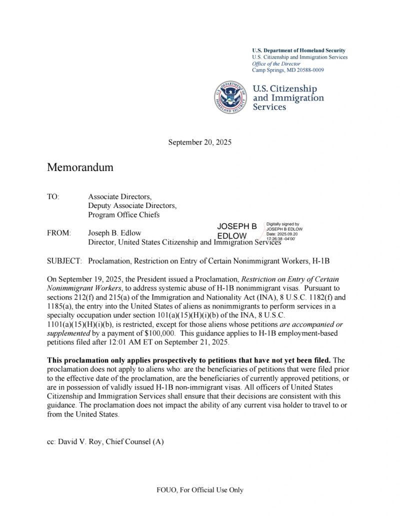 H-1B Fee Update